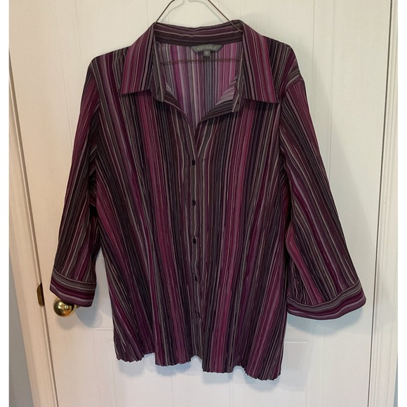 Addition Elle Tops - Addition Elle Button Up Top Women 22 Purple Excellent Striped Plisse 3/4 Sleeve
